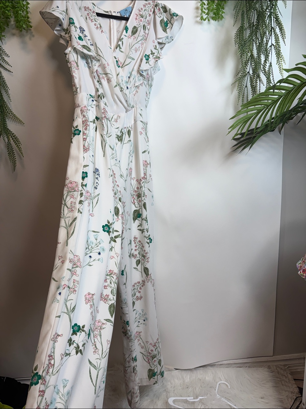 CeCe White Floral Jumpsuit with Green & Pink Accents